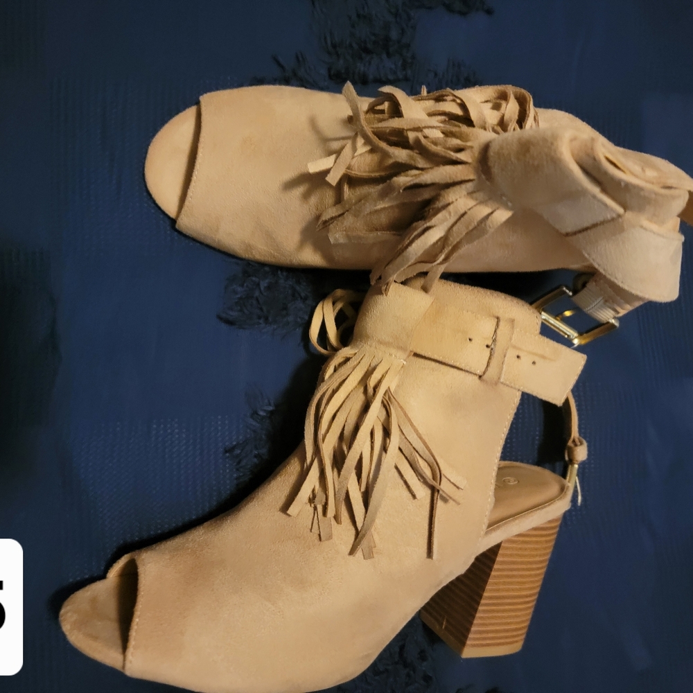 Tan Fringe Women's Heeled Sandals